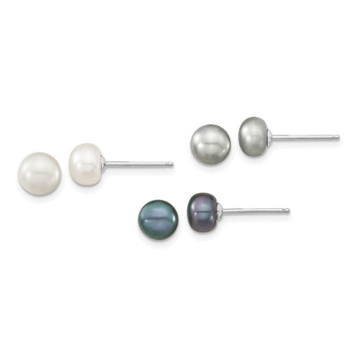 Sterling Silver Rhodium-plated White, Grey and Black Semi-Round Freshwater Cultured Pearl Necklace and Bracelet and 3-piece Button Post Earrings Set