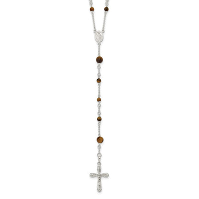 Sterling Silver Polished Tiger Eye Bead Rosary Necklace