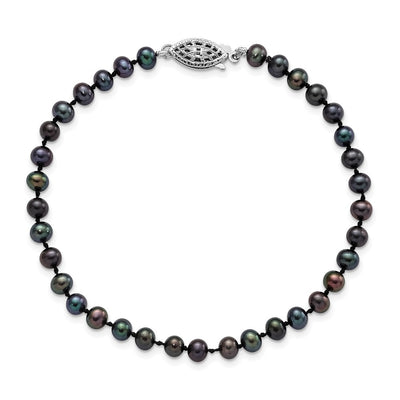 Sterling Silver Rhodium-plated Black Near-Round Freshwater Cultured Pearl