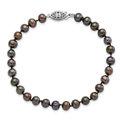 Sterling Silver Rhodium-plated Black Near-Round Freshwater Cultured Pearl, 16 x 5 to 6mm