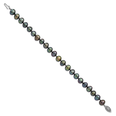 Sterling Silver Rhodium-plated Black Near-Round Freshwater Cultured Pearl, 16 x 7 to 8mm
