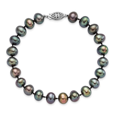 Sterling Silver Rhodium-plated Black Near-Round Freshwater Cultured Pearl, 16 x 7 to 8mm