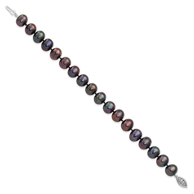 Sterling Silver Rhodium-plated Black Near-Round Freshwater Cultured Pearl, 16 x 9 to 10mm