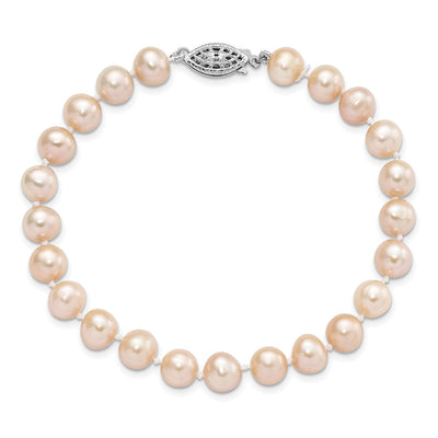 Sterling Silver Rhodium-plated Pink Near-Round Freshwater Cultured Pearl, 16 x 7 to 8mm