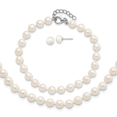 Sterling Silver Rhodium-plated White Semi-Round Freshwater Cultured Pearl with Extension Necklace, Bracelet and Button Post Earrings Set