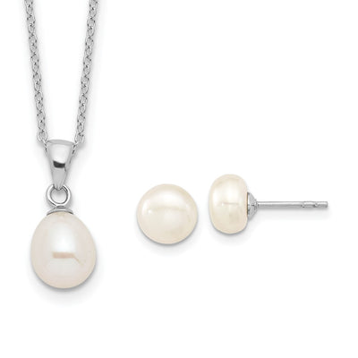 Sterling Silver Rhodium-plated White Teardrop Freshwater Cultured Pearl Necklace Button Post Earrings Set
