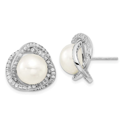 Sterling Silver Rhodium-plated White Button Freshwater Cultured Pearl and CZ Necklace and Post Earrings Set