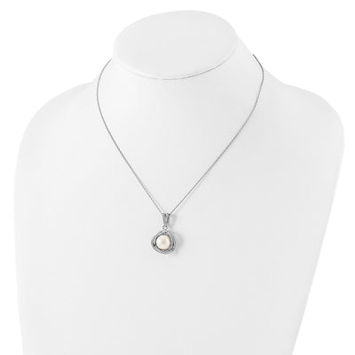 Sterling Silver Rhodium-plated White Button Freshwater Cultured Pearl and CZ Necklace and Post Earrings Set