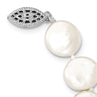 Sterling Silver Rhodium-plated White Coin Freshwater Cultured Pearl Necklace