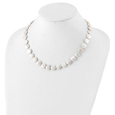 Sterling Silver Rhodium-plated White Coin Freshwater Cultured Pearl Necklace