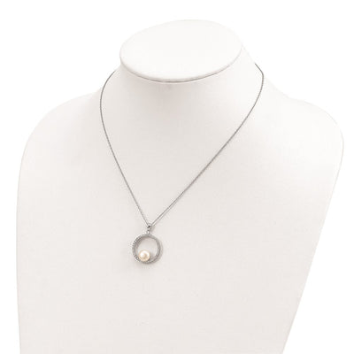 Sterling Silver Rhodium-plated White Button Freshwater Cultured Pearl and CZ Necklace, 17 x 22mm