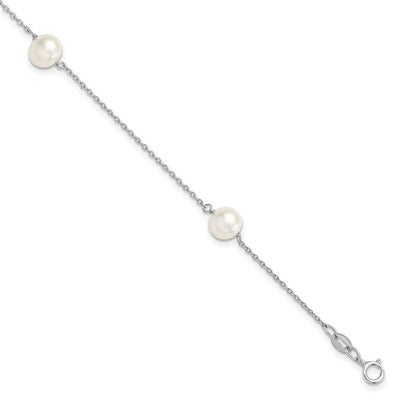 Sterling Silver Rhodium-plated White Semi-Round Freshwater Cultured Pearl 3-Station, 18 x 8mm
