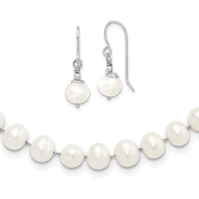 Sterling Silver Rhodium-plated White Semi-Round Freshwater Cultured Pearl Necklace and Dangle Earrings Set