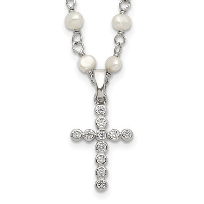 Sterling Silver Rhodium-plated White Near-Round Freshwater Cultured Pearl and CZ Cross Necklace