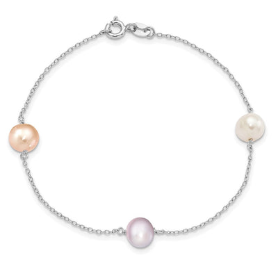 Sterling Silver Rhodium-plated White, Pink and Purple Semi-Round Freshwater Cultured Pearl 3-Station Necklace