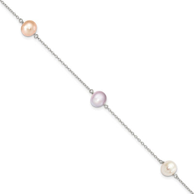 Sterling Silver Rhodium-plated White, Pink and Purple Semi-Round Freshwater Cultured Pearl 3-Station Necklace