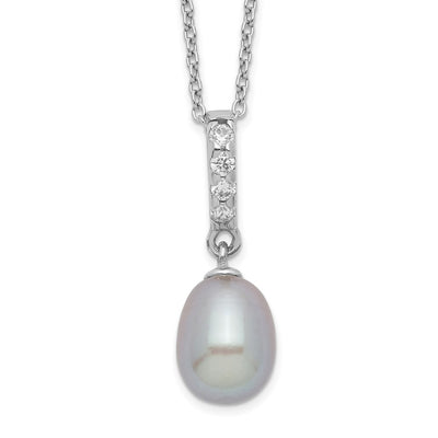 Sterling Silver Rhodium-plated Grey Teardrop Freshwater Cultured Pearl and CZ Necklace
