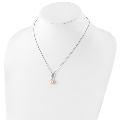 Sterling Silver Rhodium-plated Pink Teardrop Freshwater Cultured Pearl and CZ Necklace