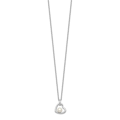 Sterling Silver Rhodium-plated White Button Freshwater Cultured Pearl Heart Necklace