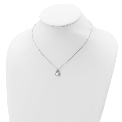 Sterling Silver Rhodium-plated White Button Freshwater Cultured Pearl Heart Necklace