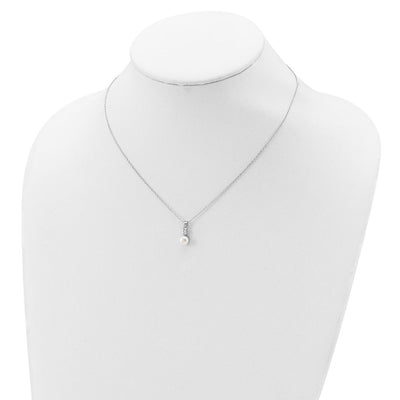 Sterling Silver Rhodium-plated White Button Freshwater Cultured Pearl and CZ Necklace, 17 x 7mm