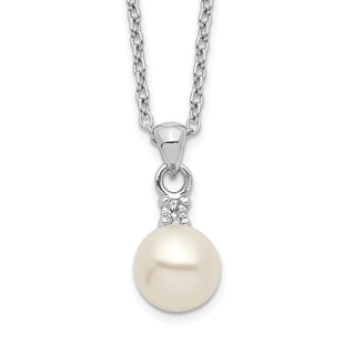 Sterling Silver Rhodium-plated 6- White Button Freshwater Cultured Pearl and CZ Necklace (Style QH5504-17)