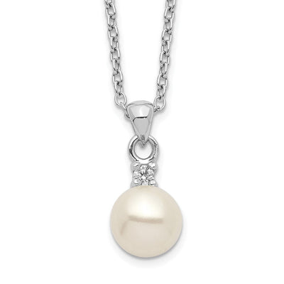 Sterling Silver Rhodium-plated White Button Freshwater Cultured Pearl and CZ Necklace, 17 x 7mm