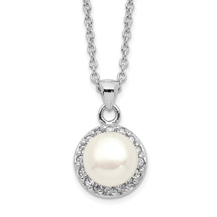 Sterling Silver Rhodium-plated 7- White Button Freshwater Cultured Pearl and CZ Necklace (Style QH5505-17)
