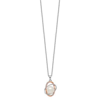 Sterling Silver Rhodium-plated Rose-tone 18K Flash Gold-plated White Button Freshwater Cultured Pearl and CZ Necklace