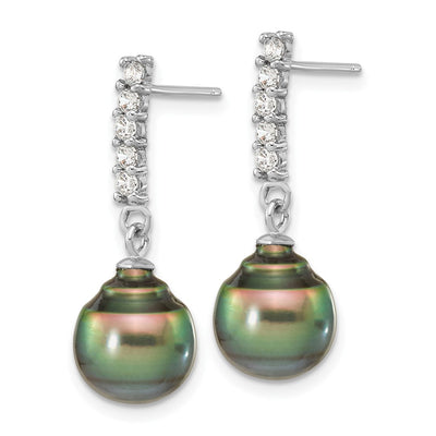 Sterling Silver Rhodium-plated Black Teardrop Tahitian Saltwater Pearl and CZ Necklace and Post Dangle Earrings Set