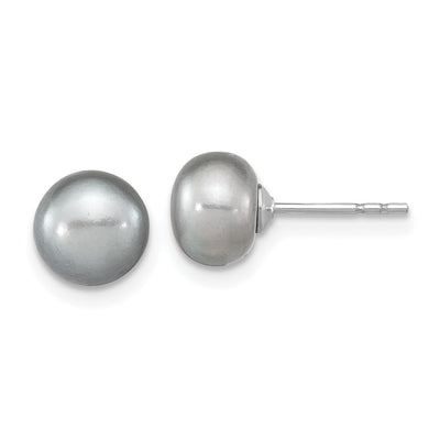Sterling Silver Rhodium-plated Grey Near-Round Freshwater Cultured Pearl Necklace, Stretch Bracelet and Button Post Earrings Set