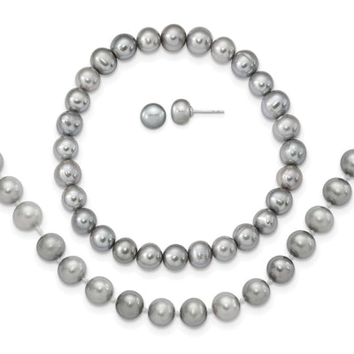 Sterling Silver Rhodium-plated Grey Near-Round Freshwater Cultured Pearl Necklace, Stretch Bracelet and Button Post Earrings Set