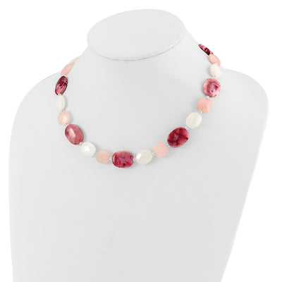 Sterling Silver Pink Agate/Quartz, Jade, Crystal w/1in ext Necklace