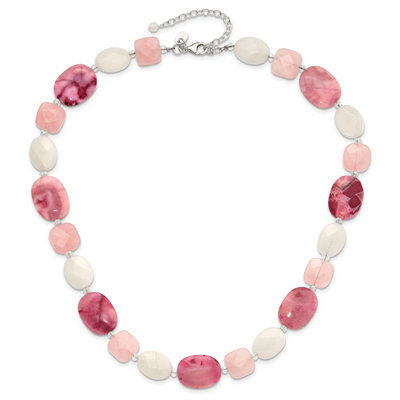 Sterling Silver Pink Agate/Quartz, Jade, Crystal w/1in ext Necklace