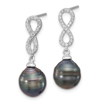 Sterling Silver Rhodium-plated Black Teardrop Tahitian Saltwater Cultured Pearl and CZ Infinity Necklace and Post Dangle Earrings Set