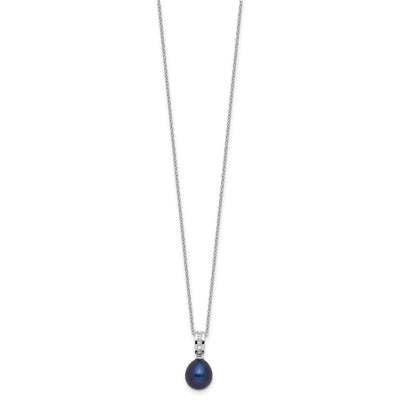 Sterling Silver Rhodium-plated Black Teardrop Freshwater Cultured Pearl and CZ Necklace, 17 x 1.2mm
