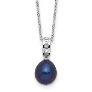 Sterling Silver Rhodium-plated 8- Black Teardrop Freshwater Cultured Pearl and CZ Necklace (Style QH5784-17)