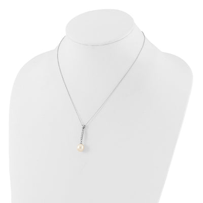 Sterling Silver Rhodium-plated Teardrop Freshwater Cultured Pearl and CZ Necklace and Post Earrings Set