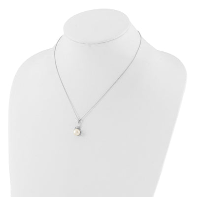 Sterling Silver Rhodium-plated White Button Freshwater Cultured Pearl and CZ Necklace and Leverback Earrings Set