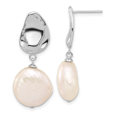 Sterling Silver Rhodium-plated White Coin Freshwater Cultured Pearl Necklace and Post Dangle Earrings Set