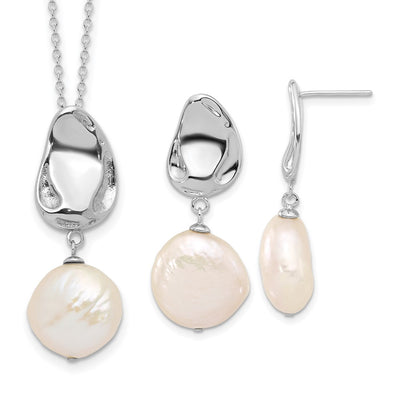 Sterling Silver Rhodium-plated White Coin Freshwater Cultured Pearl Necklace and Post Dangle Earrings Set