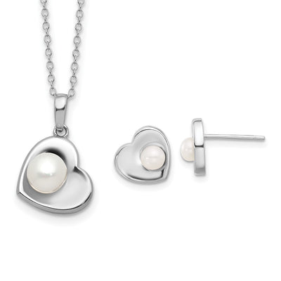 Sterling Silver Rhodium-plated White Button Freshwater Cultured Pearl Heart Necklace and Post Earrings Set