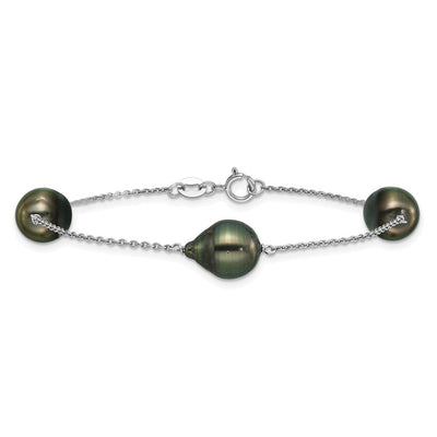 Sterling Silver Rhodium-plated Baroque Black Tahitian Saltwater Cultured Pearl 3-Station, 18 x 9.6mm