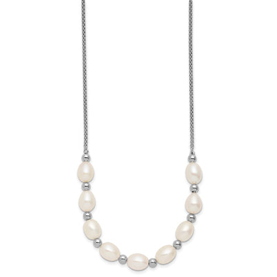 Sterling Silver Rhodium-plated Polished and Beaded Freshwater Cultured Rice Pearl with Extension Necklace