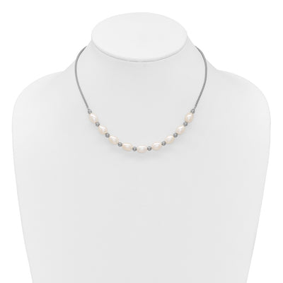 Sterling Silver Rhodium-plated Polished and Beaded Freshwater Cultured Rice Pearl with Extension Necklace