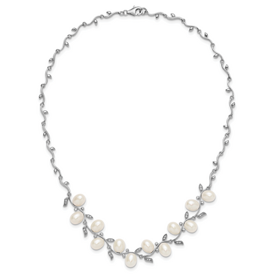 Sterling Silver Rhodium-plated Teardrop White Freshwater Cultured Pearl and CZ Leaf with Extender Necklace