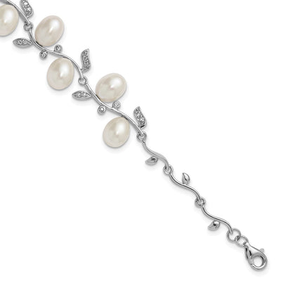 Sterling Silver Rhodium-plated Teardrop White Freshwater Cultured Pearl and CZ Leaf with Extender Necklace