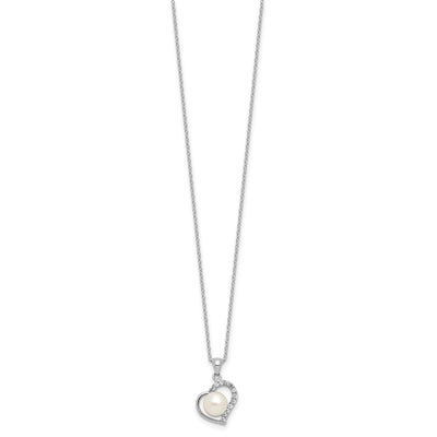 Sterling Silver Rhodium-plated Button White Freshwater Cultured Pearl and CZ Heart Necklace