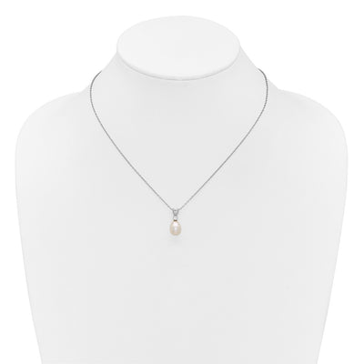 Sterling Silver Rhodium-plated Teardrop White Freshwater Cultured Pearl and CZ Necklace and Dangle Post Earring Set