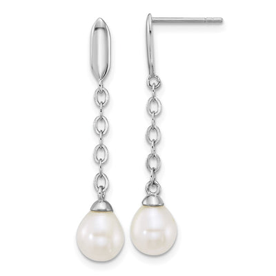 Sterling Silver Rhodium-plated Teardrop White Freshwater Cultured Pearl Y-Necklace and Chain Dangle Post Earring Set
